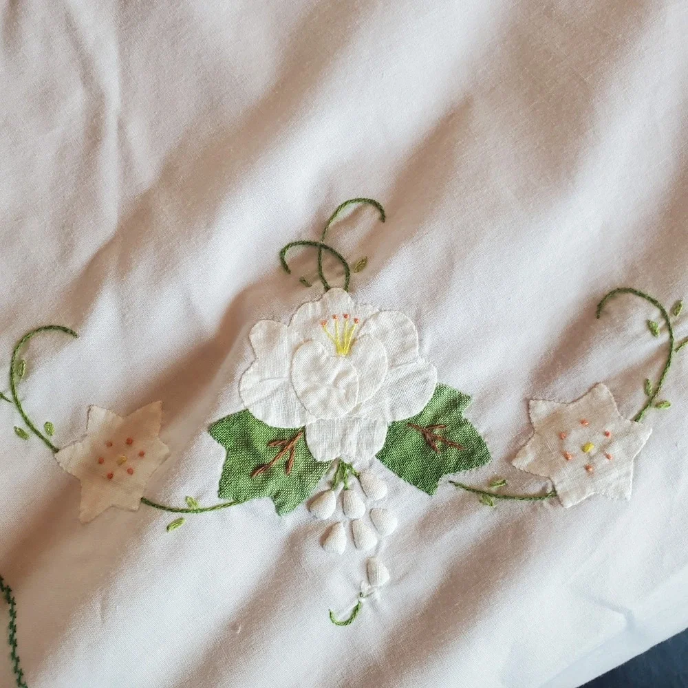 Vintage Hand Embroidered Floral Applique White Cotton Tablecloth 86